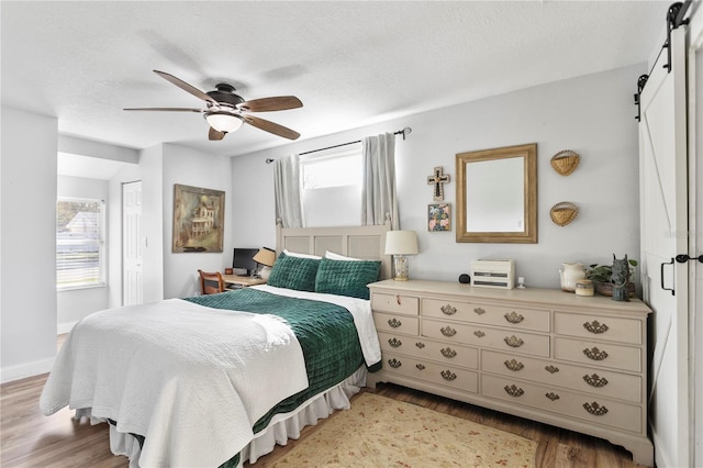 bedroom featuring a barn door, multiple windows, and light wood-style floors