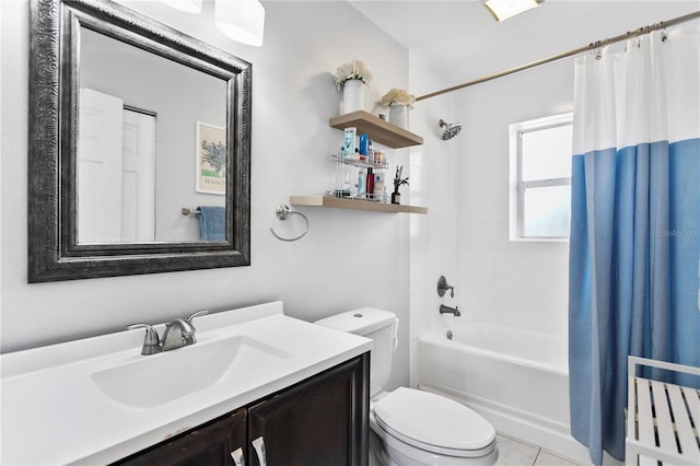 full bathroom featuring vanity, toilet, and shower / bathtub combination with curtain