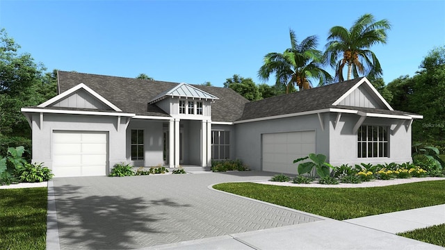 modern inspired farmhouse with roof with shingles, an attached garage, decorative driveway, board and batten siding, and stucco siding