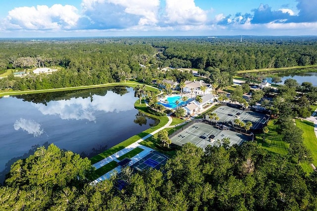 birds eye view of property with a water view and a view of trees