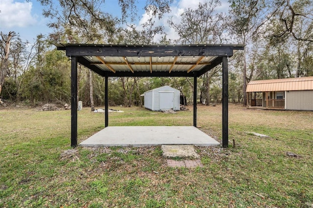 view of yard featuring an outbuilding, a patio, and a storage unit