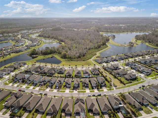 birds eye view of property with a water view and a residential view