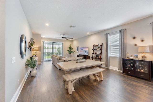 dining space featuring recessed lighting, baseboards, dark wood-style floors, and ceiling fan