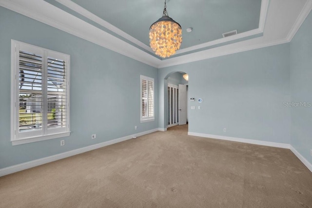 carpeted empty room featuring a healthy amount of sunlight, baseboards, a tray ceiling, and arched walkways