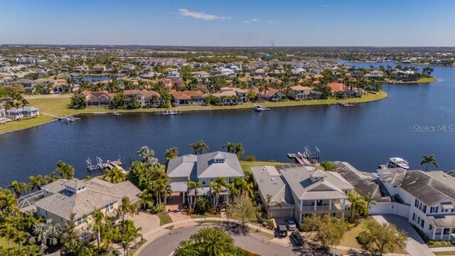 aerial view featuring a water view and a residential view