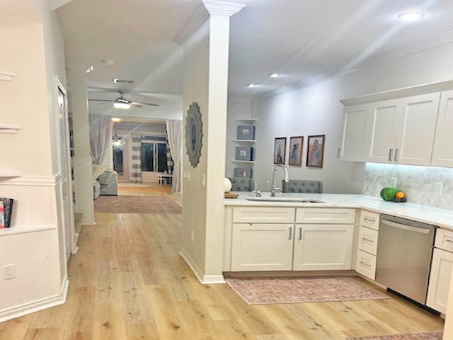 kitchen with a ceiling fan, light wood-style flooring, a sink, light countertops, and dishwasher