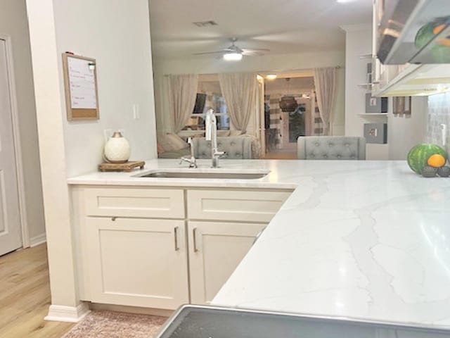 kitchen with light wood finished floors, visible vents, light stone counters, white cabinetry, and a sink