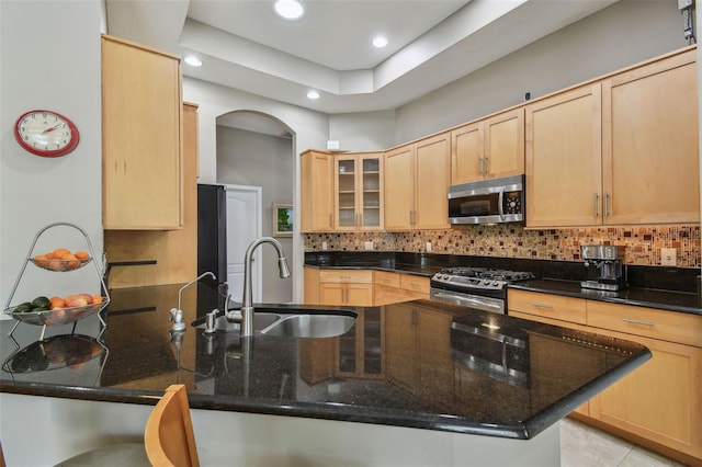 kitchen with a sink, stainless steel appliances, and light brown cabinets