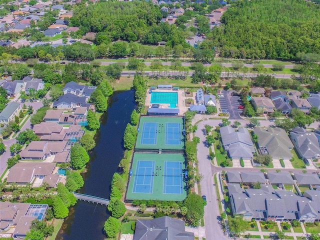 aerial view featuring a residential view and a water view