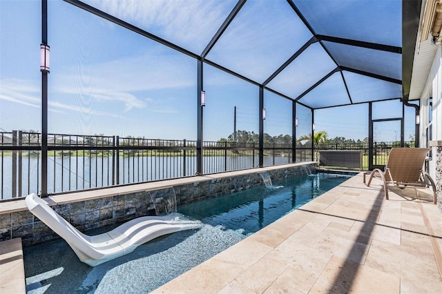 view of swimming pool featuring a lanai, a water view, a fenced in pool, and a patio