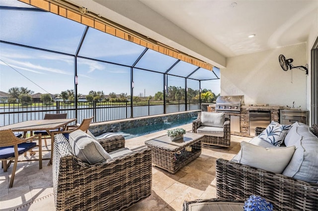 view of patio featuring outdoor dining space, area for grilling, a lanai, and an outdoor living space