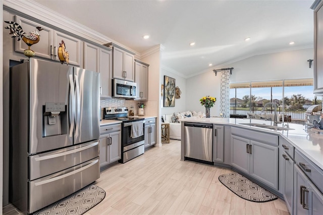 kitchen with crown molding, appliances with stainless steel finishes, a sink, and gray cabinetry