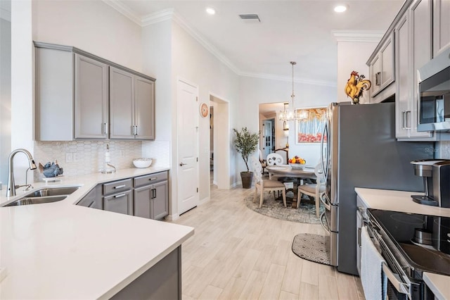 kitchen featuring decorative backsplash, stainless steel microwave, ornamental molding, gray cabinetry, and a sink