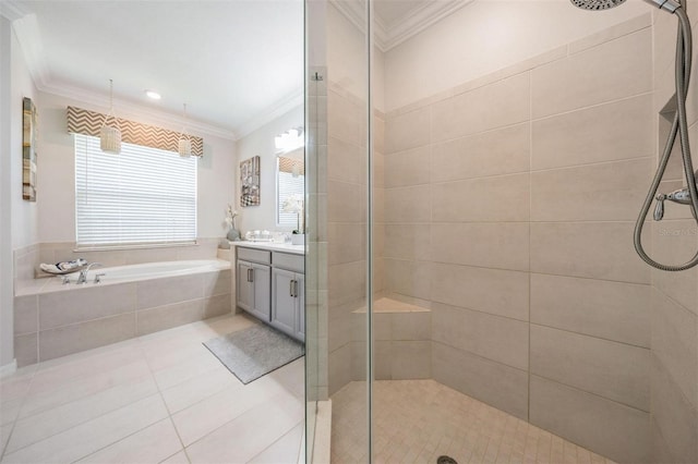 full bath with a garden tub, ornamental molding, and tiled shower