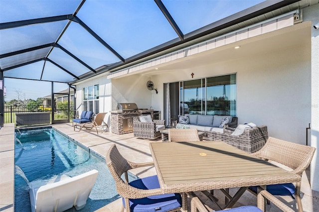 view of patio with an outdoor pool, a lanai, and outdoor lounge area