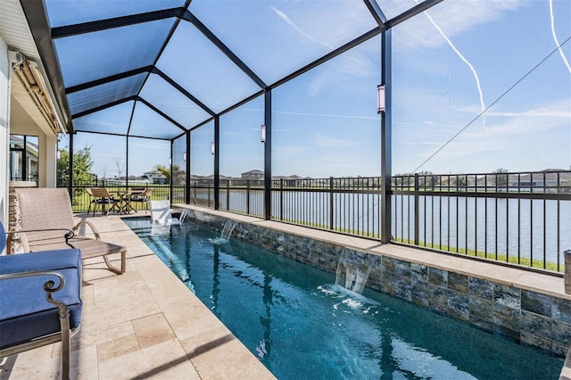 view of swimming pool with a fenced in pool, a lanai, a patio area, and a water view