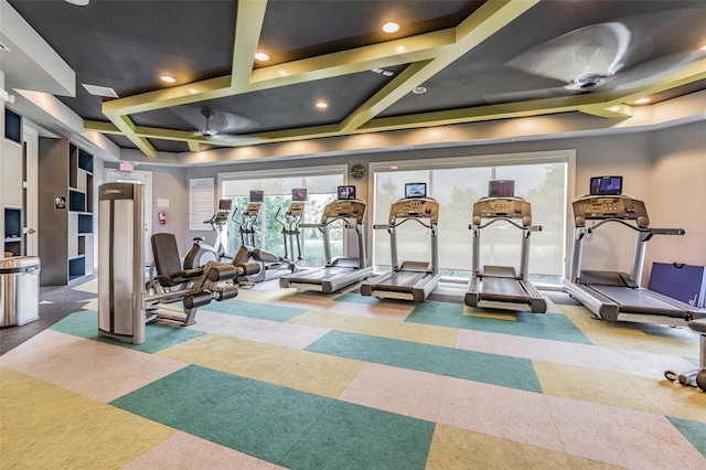 workout area featuring coffered ceiling and recessed lighting