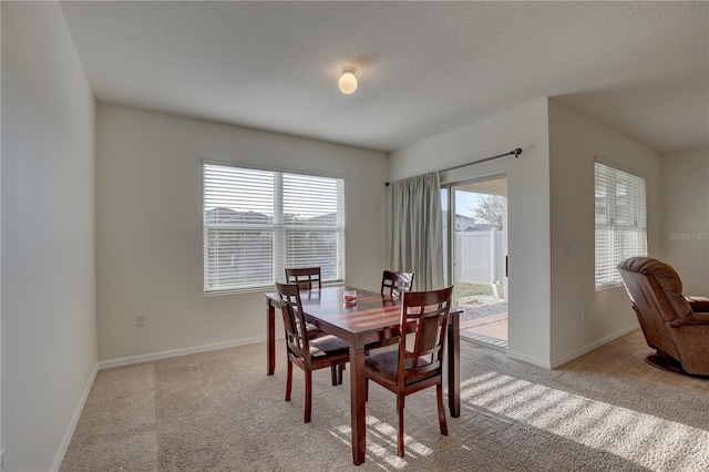 dining room with light carpet, a textured ceiling, and baseboards