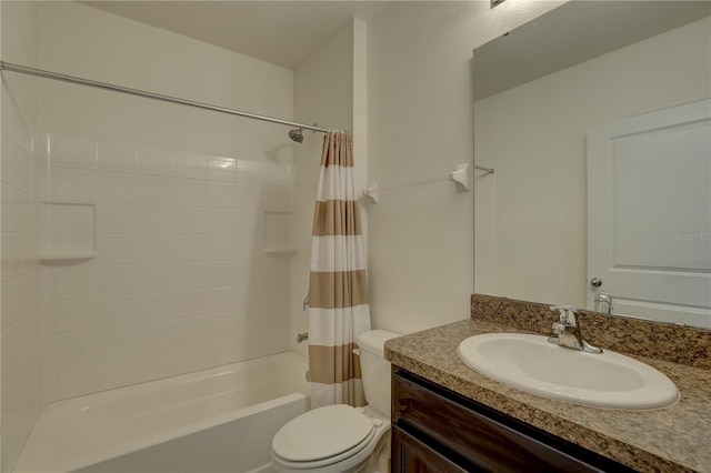 bathroom featuring shower / bath combination with curtain, vanity, and toilet