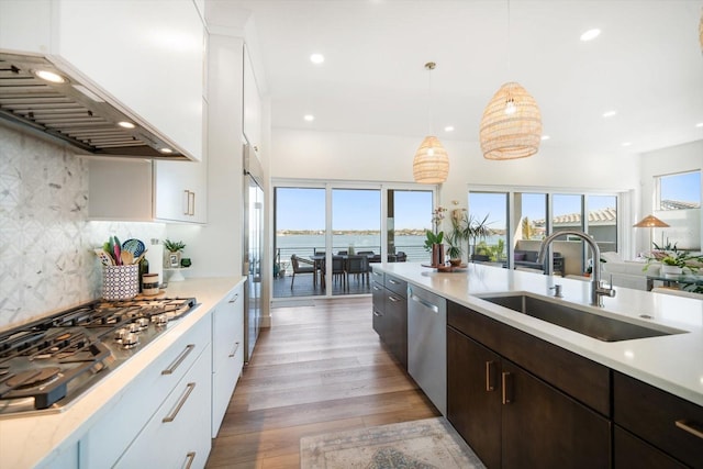 kitchen featuring appliances with stainless steel finishes, light countertops, light wood-style floors, premium range hood, and a sink