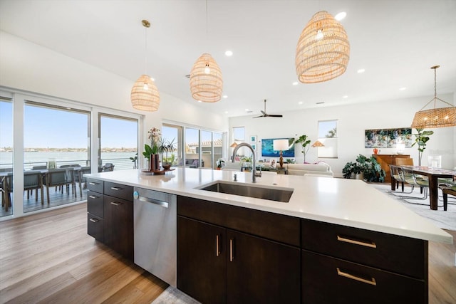 kitchen with light wood-style floors, light countertops, a sink, and stainless steel dishwasher