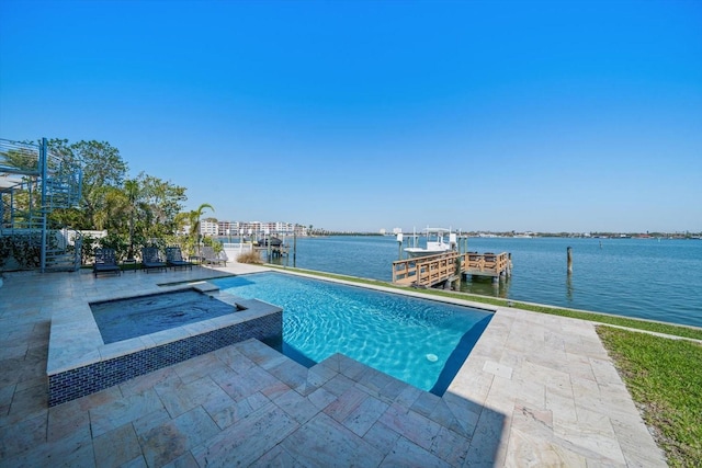 view of swimming pool with a boat dock, a water view, boat lift, and a patio