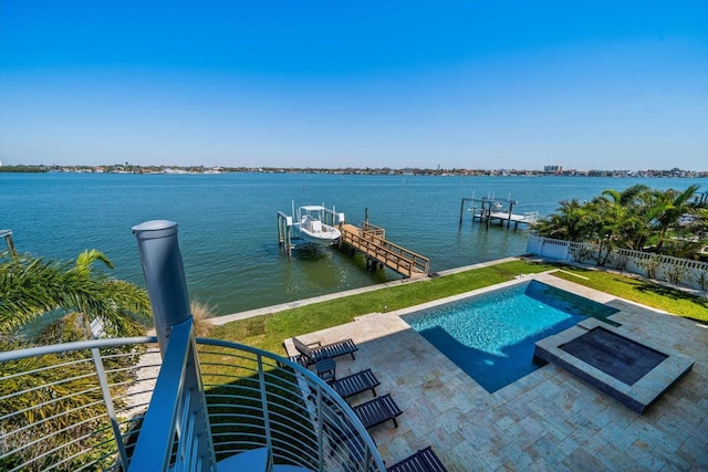 dock area featuring a patio, boat lift, a water view, fence, and a yard