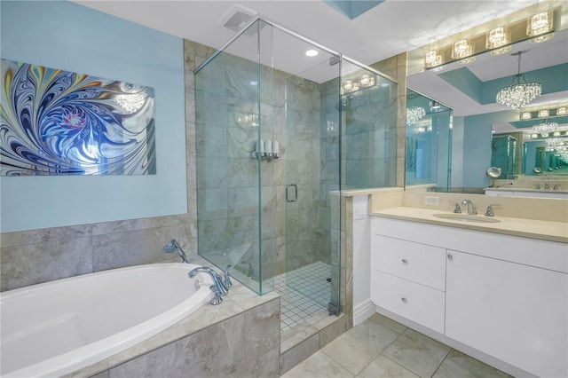 bathroom featuring vanity, tile patterned flooring, a shower stall, and a bath