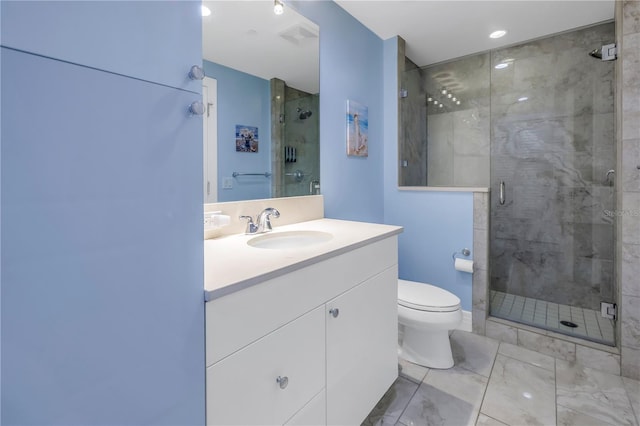 full bathroom with toilet, a stall shower, visible vents, and vanity