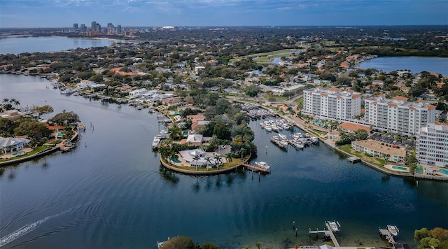 aerial view featuring a water view and a view of city