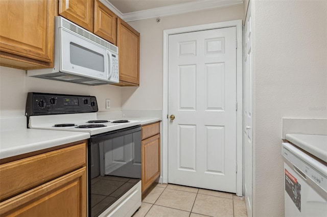 kitchen featuring white appliances, brown cabinetry, crown molding, light tile patterned floors, and light countertops