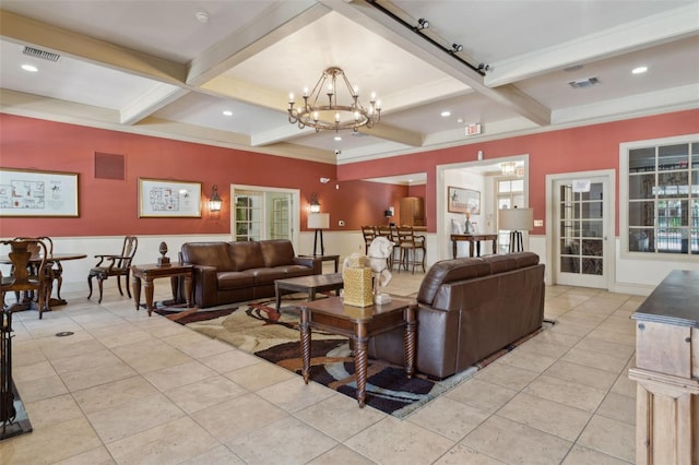 living room with beamed ceiling, coffered ceiling, and visible vents