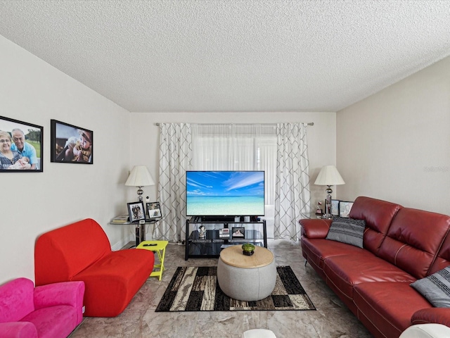 living room with a textured ceiling