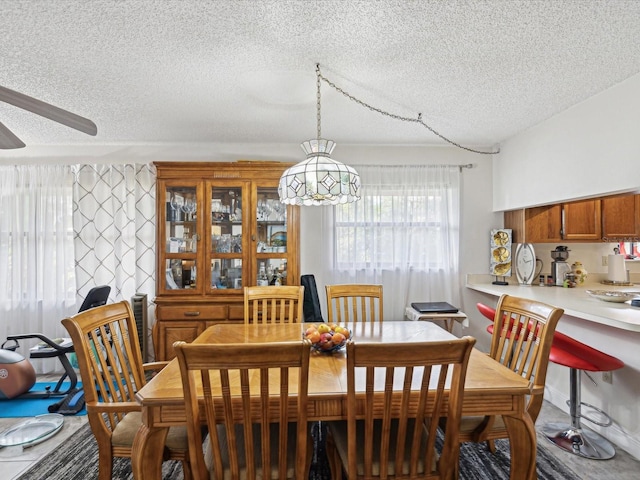 dining room featuring a textured ceiling and ceiling fan