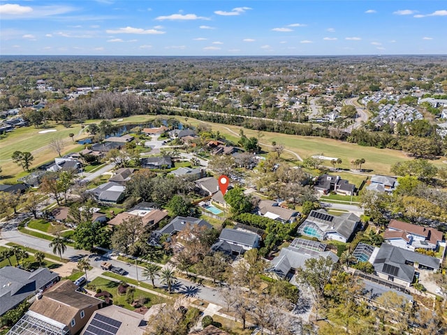 aerial view featuring a residential view and golf course view