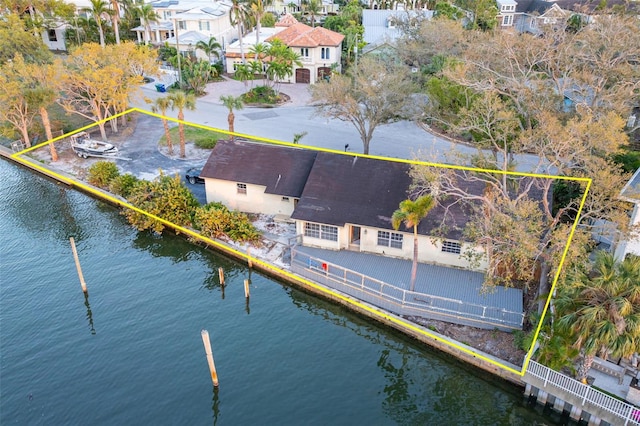 aerial view with a water view and a residential view