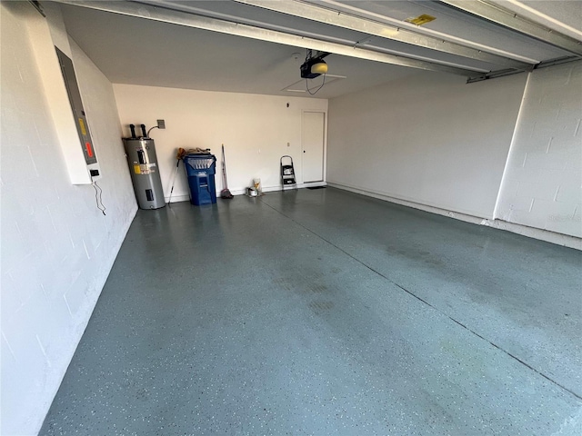 garage with electric water heater and a garage door opener