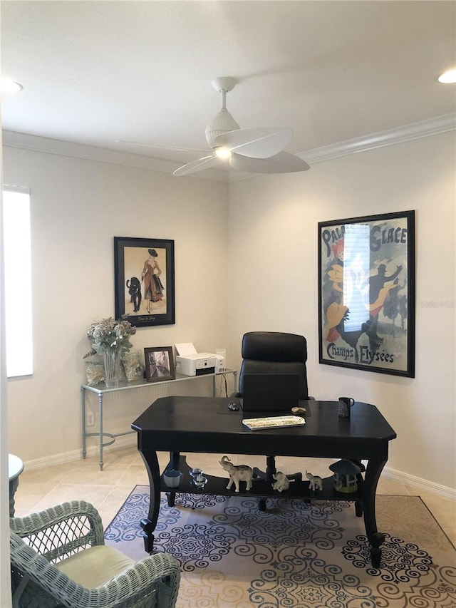 office space featuring ornamental molding, ceiling fan, baseboards, and light tile patterned floors