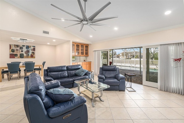 living area featuring crown molding, recessed lighting, visible vents, light tile patterned flooring, and vaulted ceiling