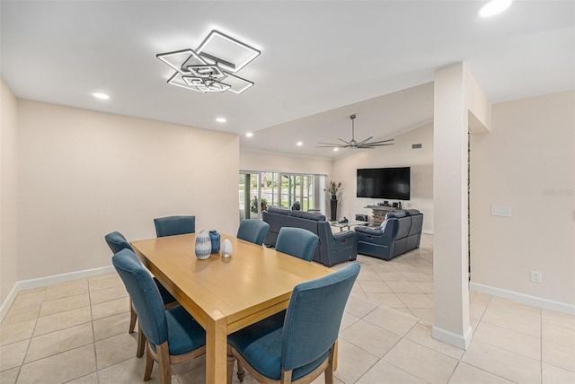 dining area with light tile patterned floors, baseboards, a ceiling fan, and recessed lighting