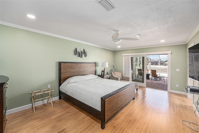 bedroom featuring access to outside, visible vents, crown molding, and light wood finished floors