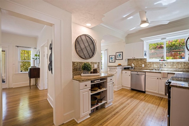 kitchen featuring tasteful backsplash, light wood-type flooring, white cabinetry, and dishwasher