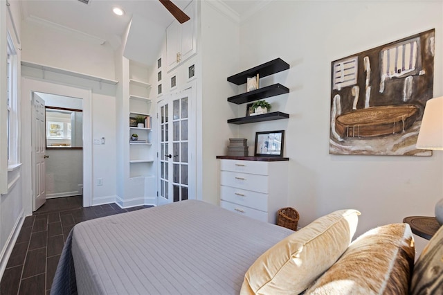 bedroom with recessed lighting, baseboards, french doors, ornamental molding, and dark wood-style floors