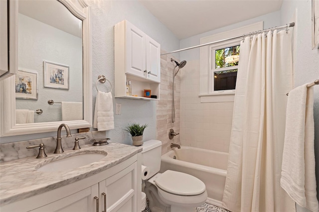 full bath with toilet, shower / tub combo with curtain, and vanity