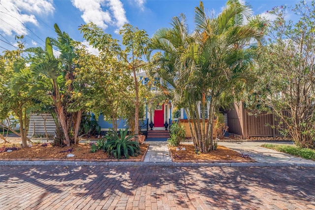 view of property hidden behind natural elements with fence