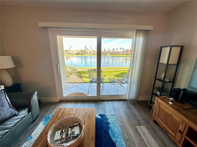 entryway featuring a water view, baseboards, and wood finished floors