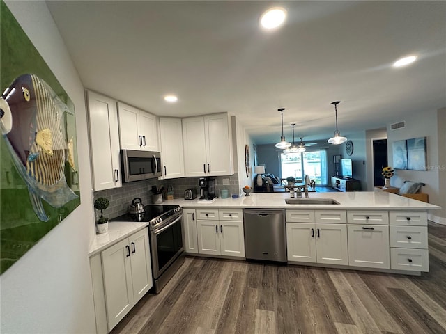 kitchen featuring a peninsula, appliances with stainless steel finishes, dark wood-style flooring, and a sink