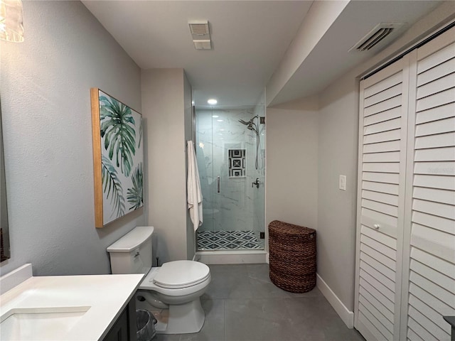 bathroom with toilet, vanity, visible vents, baseboards, and a shower stall