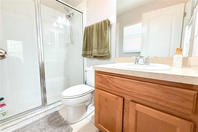 bathroom with tile patterned flooring, a shower stall, toilet, and vanity