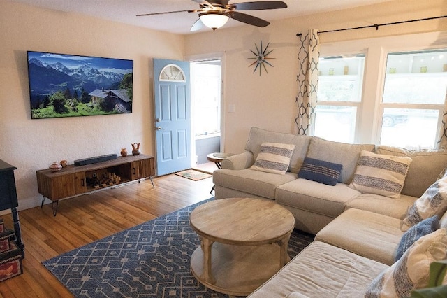 living area with a healthy amount of sunlight, a ceiling fan, and wood finished floors